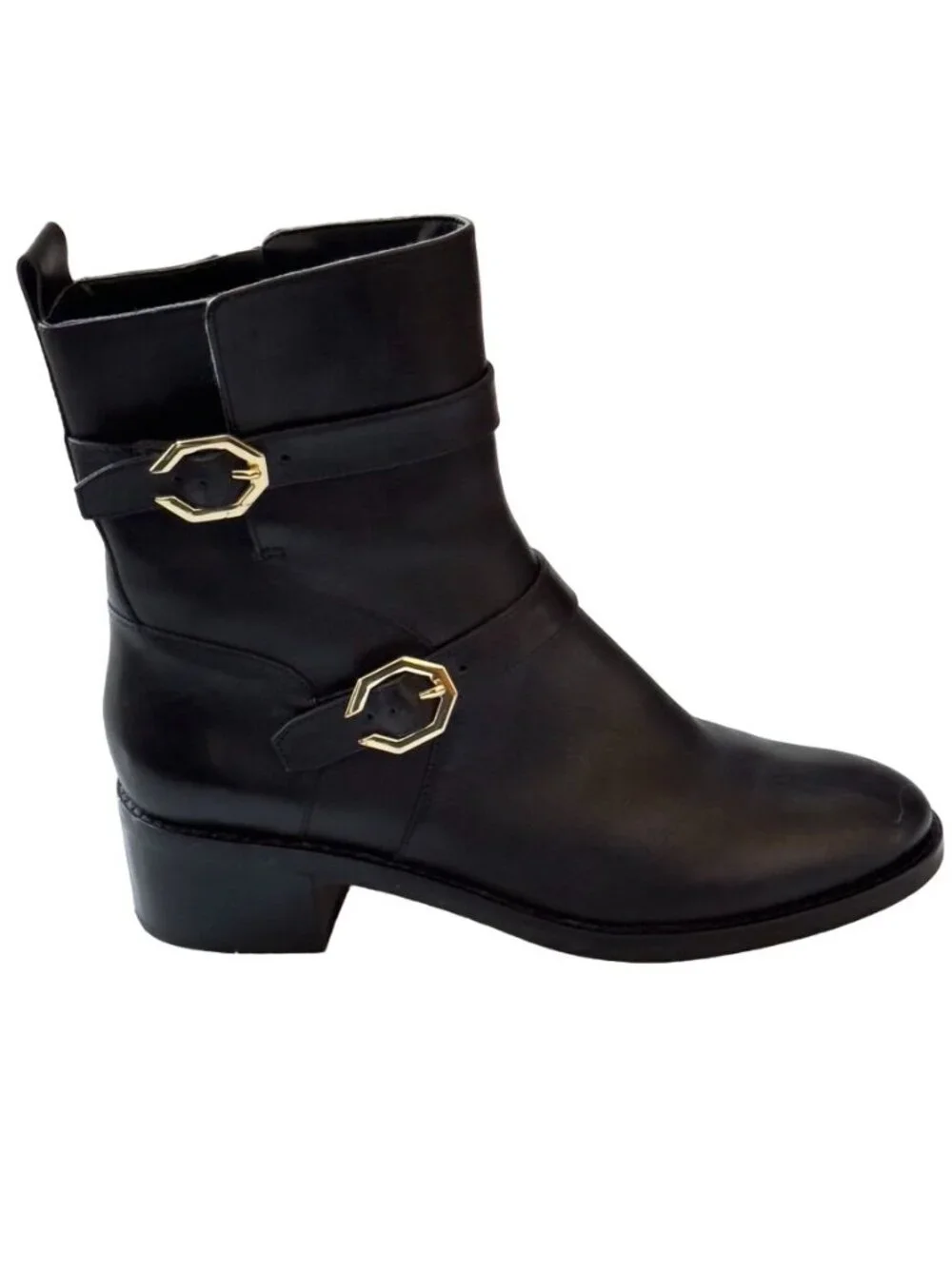 COLE HAAN Women's Leather Ankle Boots Black Side Buckles Size 8.5